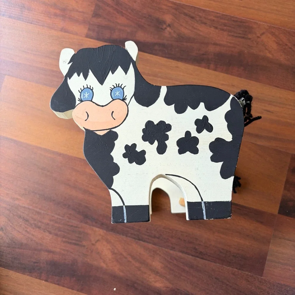 Vintage Hand Painted Wooden Cow Holder‎ Farmhouse Folk Art Decor